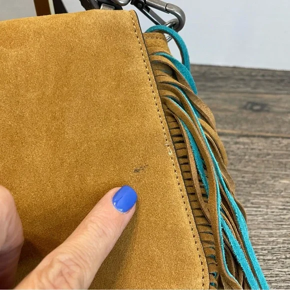 Zara Woman Fringe Suede Crossbody Bag - Tan and Teal. Pre-owned. - Picture 5 of 12